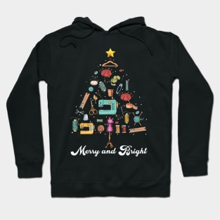 Merry and Bright Sewing Yarn Quilting Christmas Tree Hoodie